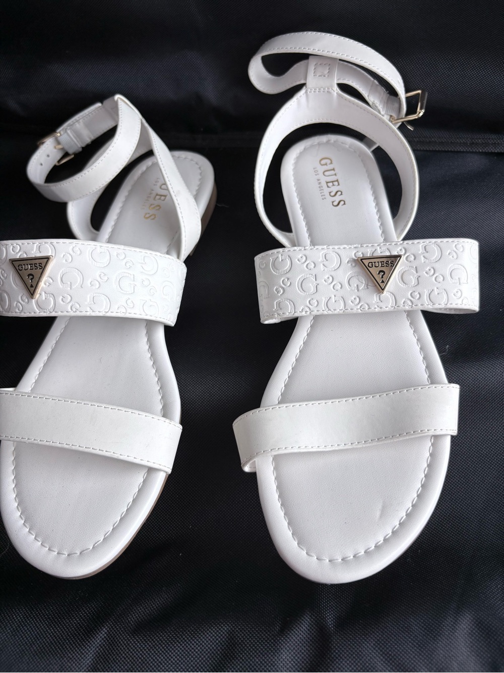 GUESS White Embossed Logo Ankle-Strap Sandals